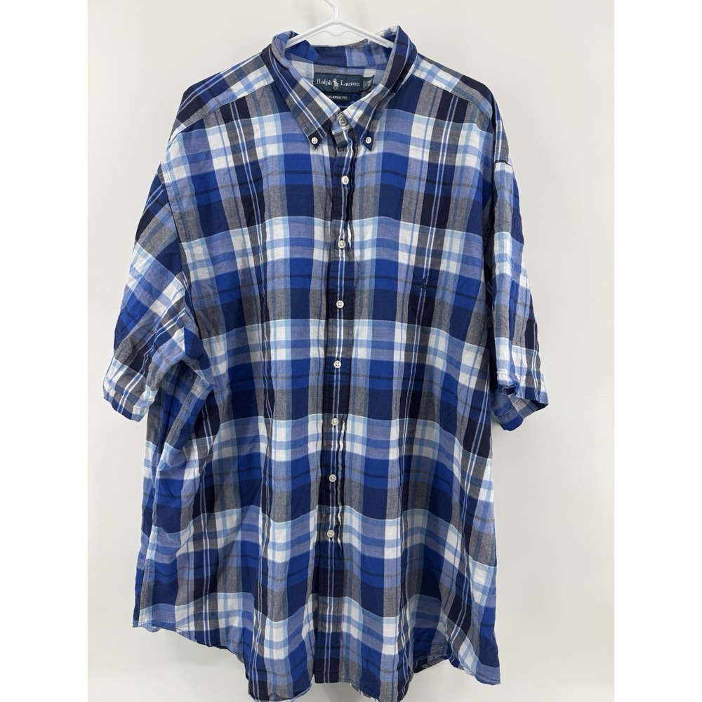 Ralph Lauren Mens 3XLT Tall Blue Plaid Short Sleeve Button Down Shirt Cotton